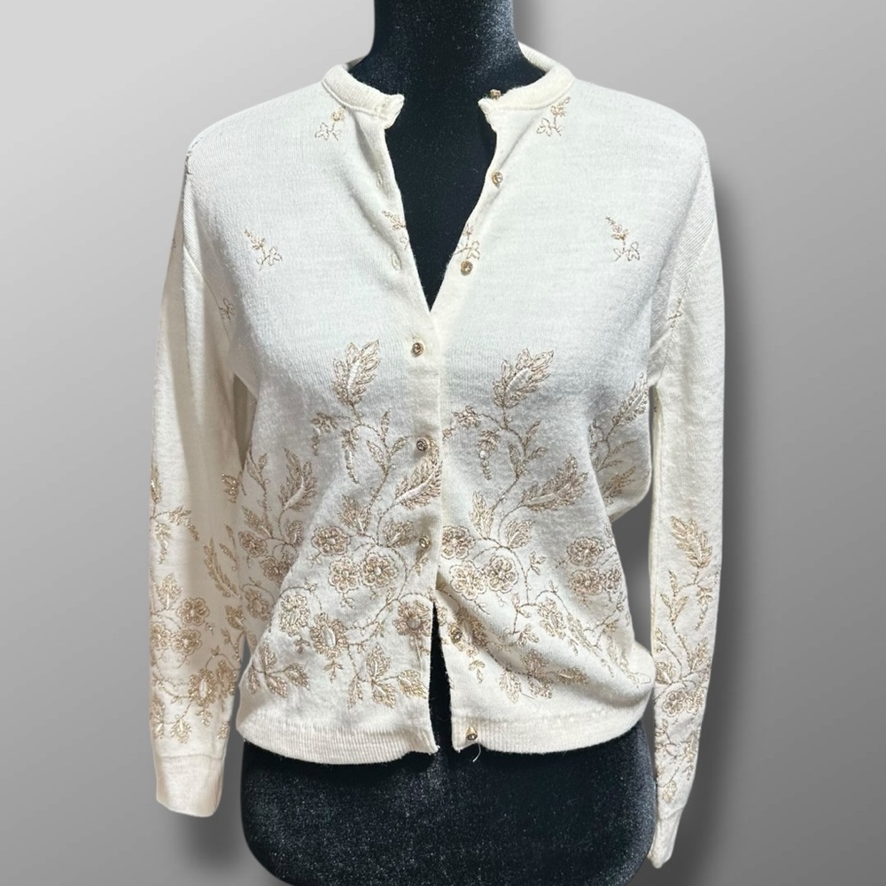 Embroidered Cream & Gold Cardigan Women’s Elegant Floral Gold/Diamond Buttons